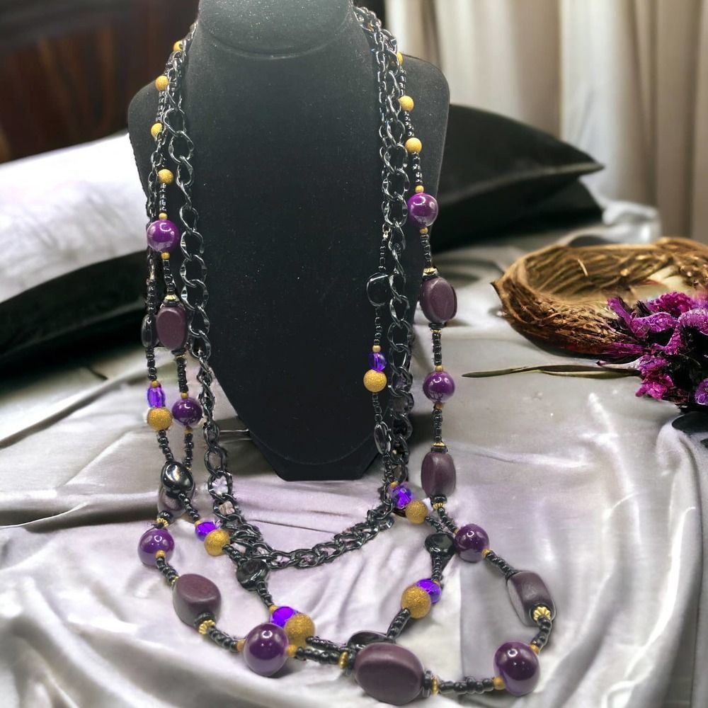Purple & Lavender Beads with Black Beads and Chain 28 Inch 3 Tier Necklace!